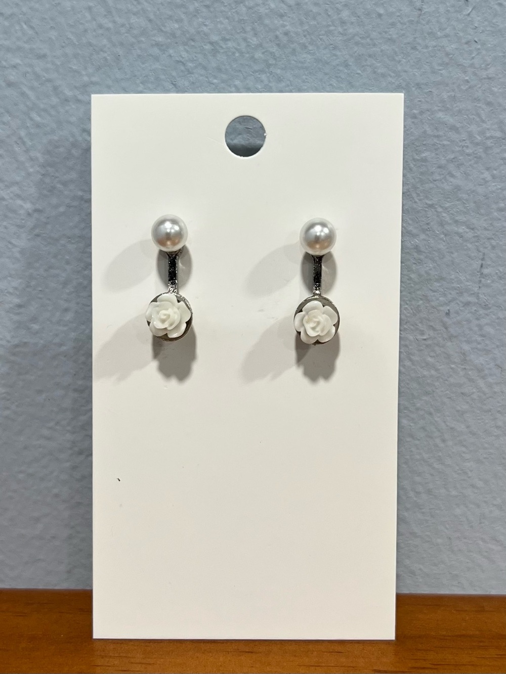 Silver Tone Faux Pearl Stud Earrings With Dangling White Flower Pre Loved